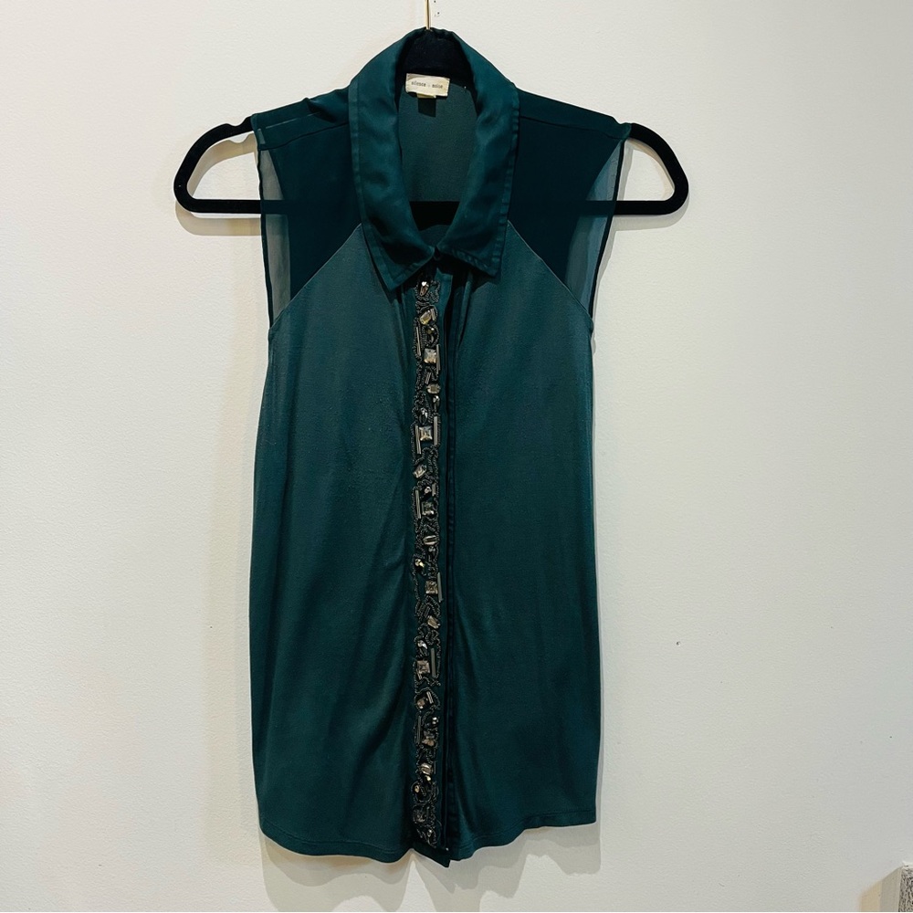 Silence + Noise | Green Embellished, Sleeveless Button-Down Blouse | sz M
